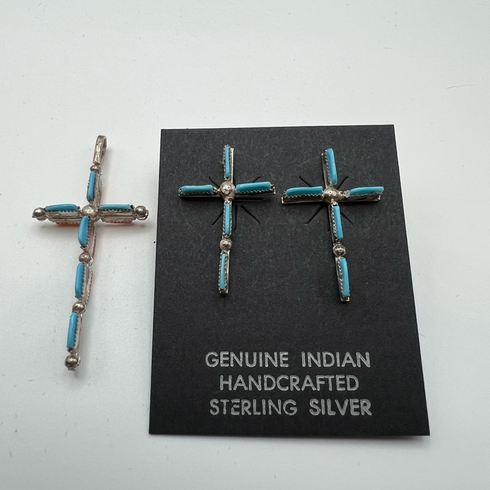 Genuine Indian Sterling Silver Turquoise and Spiny Oyster Pendant/Cross Earrings